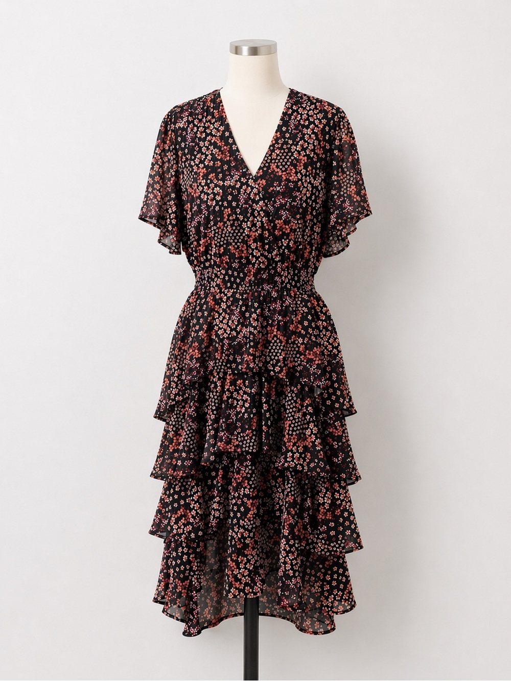 Koko + Mason Floral Tiered Midi Dress Smocked Waist Ruffle Multicolor L NWT